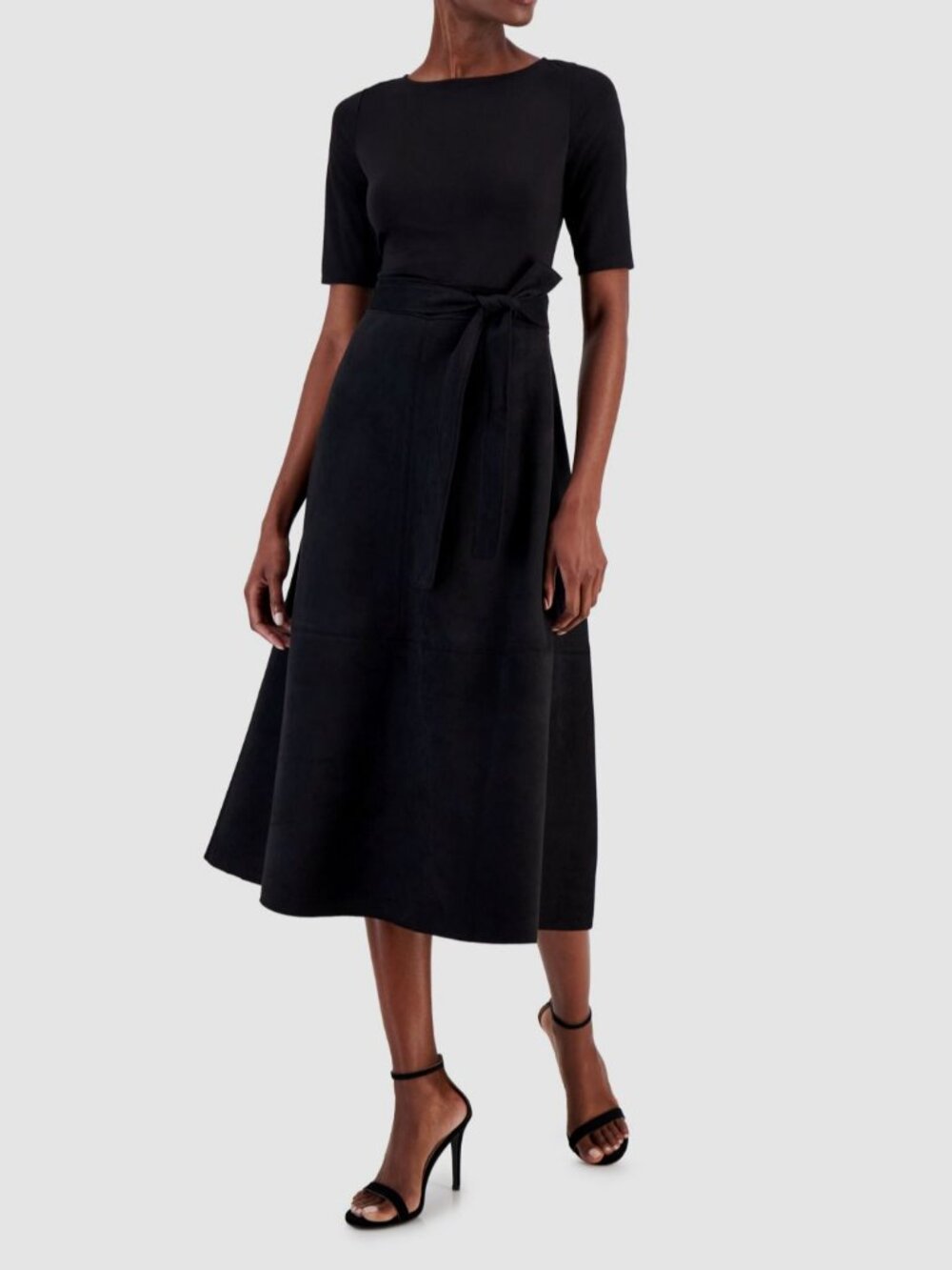 Anne Klein Women's Black Faux Suede Round Neck Self-Tie A-Line Dress Size 12